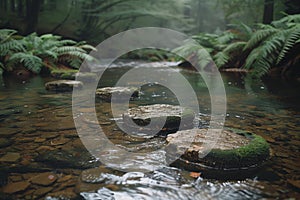 Forest stream moss-covered stepping stones lush ferns misty river jungle