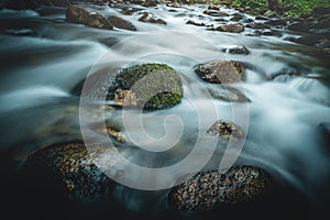 Forest stream running over mossy rocks. Long exposure.