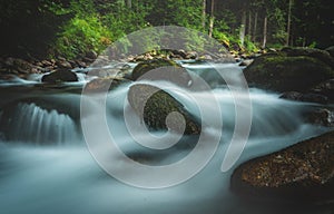 Forest stream running over mossy rocks. Long exposure.