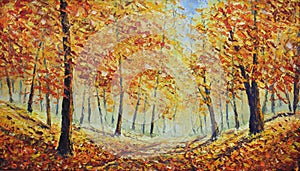 Forest strewn with yellow leaves. Trees in Fall