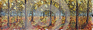 Forest strewn with yellow leaves. Trees in Fall photo