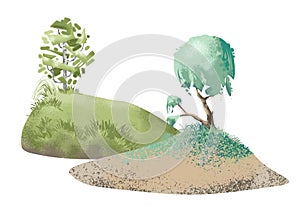 Forest in summer. Green landscape. Tree with grass on a white background.