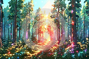 a forest with a sun shining through the trees Radiant Dawn Embracing Tranquility in a Serene Forest