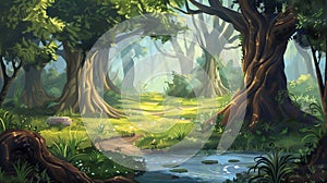 Forest sunlit path small pond ancient trees illustration cartoon sun rays