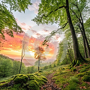 Forest at sunrise, panoramic view