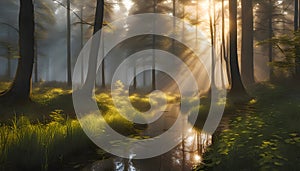 forest in thick dense fog with reflection of the sun\'s rays penetrating through foliage and puddles in the grass,