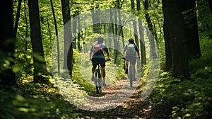 Forest Thrill: Biker Couple Riding Mountain Bikes Amidst Nature\'s Beauty