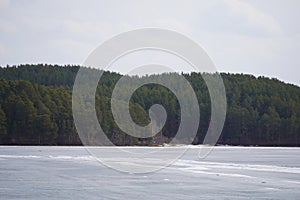 Forest tracts from afar on the opposite shore across the frozen lake.