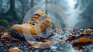 a forest trail run with an image showcasing unbranded running shoes, highlighting the realism of the highly detailed