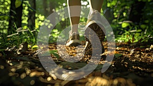 a forest trail run with an image showcasing unbranded running shoes, highlighting the realism of the highly detailed