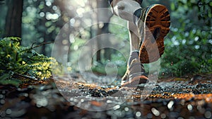 a forest trail run with an image showcasing unbranded running shoes, highlighting the realism of the highly detailed