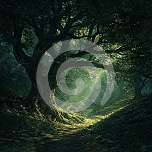 Forest with a tree that is bent over and has a hole in it