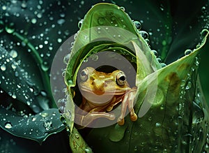a forest tree frog under a leaf in the rain