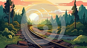 Forest trees along a railroad on an summer afternoon. Train tracks travel concept cartoon illustration. Generative AI.