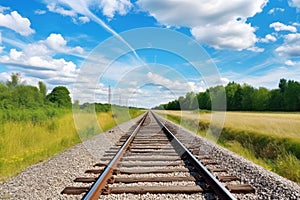 Forest trees along a railroad on an summer afternoon. Train tracks travel concept landscape background. Generative AI.