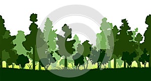 Forest trees isolated silhouette vector. Bottom background. Green deciduous and coniferous plants, succulent grass. Landscape, pan