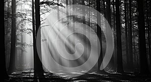 Forest trees with light rays atmospheric scene black and white