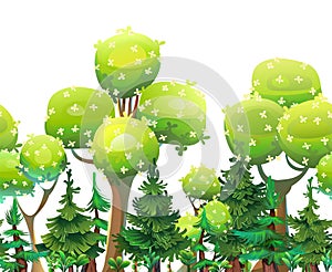 Forest with trees. Picture horizontally seamless. Object isolated on white background. Cartoon fun style Illustration