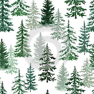 Forest trees seamless pattern. Watercolor hand-painted pine and spruse trees on white background. Natural winter print