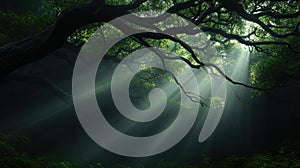 A forest of trees with sunlight filtering through the canopy.