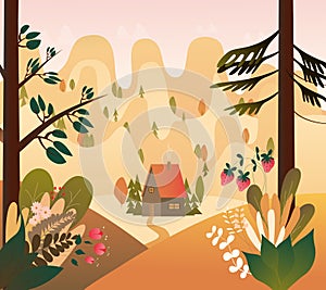 Vector illusrtation of Mountain forest valley in warm colours photo