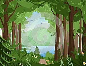 Forest vector landscape flat vector illustration. Woodland scenery, wildlife panorama, lake and mountains, hilly terrain