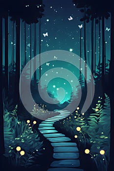A forest view in the night with foot stage, fireflies, butterflies and the tress, wallpaper art, sticker, 2d cute, fantasy, dreamy