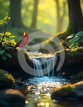Forest view with a small river and birds