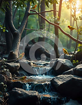 Forest view with a small river and birds