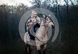 Forest Warrior: Blonde Viking Maiden on Horseback Conquering Medieval Wilderness with Her Fearless Spirit