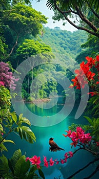 forest with water, tropical forest in the morning, tropical forest with lake