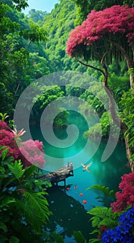 forest with water, tropical forest in the morning, tropical forest with lake