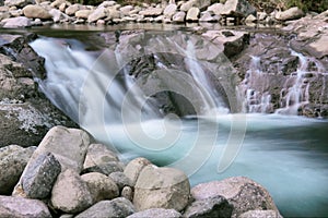 Forest waterfall in dusk