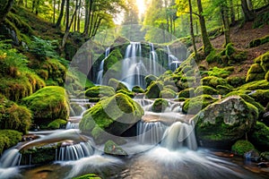 Forest waterfall and rocks covered with moss photo