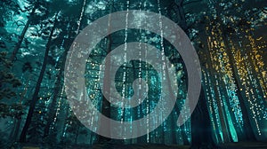 forest where the trees and foliage are made of digital data streams and code.