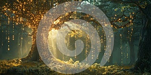 forest where the trees and foliage are made of digital data streams and code.