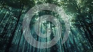 forest where the trees and foliage are made of digital data streams and code.