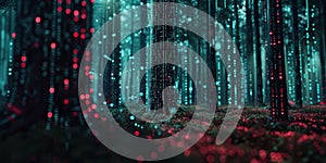 forest where the trees and foliage are made of digital data streams and code.