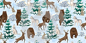 Forest wild animals in the winter snowy forest. Wolf, bear, deer and hare walk in snow trees. Design background textile