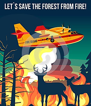 Forest wildfire with fire amphibian aircraft & deer with fawn looking on wildfire illustration poster or banner