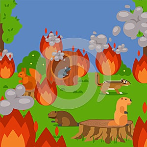 Forest wildfire with rodents, vector illustration. natural disaster, ecology problem and hot dry weather. cartoon
