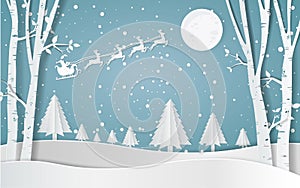 Merry christmas,Snow forest. pines in winter and mountain Paper vector Illustration photo