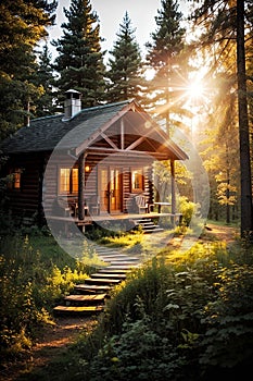 The forest with wooden cabin going to welcome the mighty sun in the morning with natural beauty.