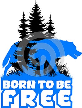 forest woodland with gray wolf. Sublimation sticker with the inscription `Born to be free`