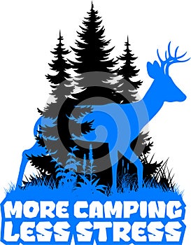 Forest woodland sticker with roe deer. Sublimation sticker with the inscription `More camping - less stress`