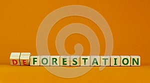 Forestation or deforestaion symbol. Turned wooden cubes and changed the word deforestation to forestation. Beautiful orange
