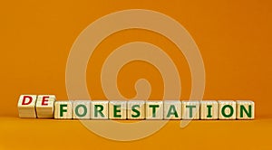 Forestation or deforestaion symbol. Turned wooden cubes and changed the word deforestation to forestation. Beautiful orange