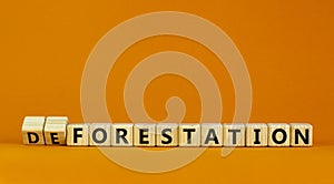 Forestation or deforestaion symbol. Turned wooden cubes and changed the word deforestation to forestation. Beautiful orange