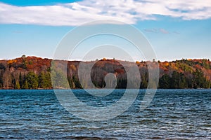 Forested autumn hills across the lake