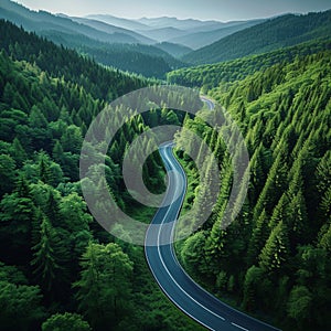 Forested landscape unfolds beneath as a sinuous road curves gracefully